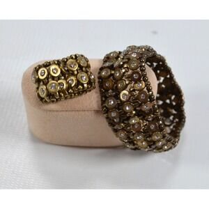 Darker Gold Tone Stretch Bracelet &‎ Ring Tiny Clear Rhinestones Ring Size 8-9+